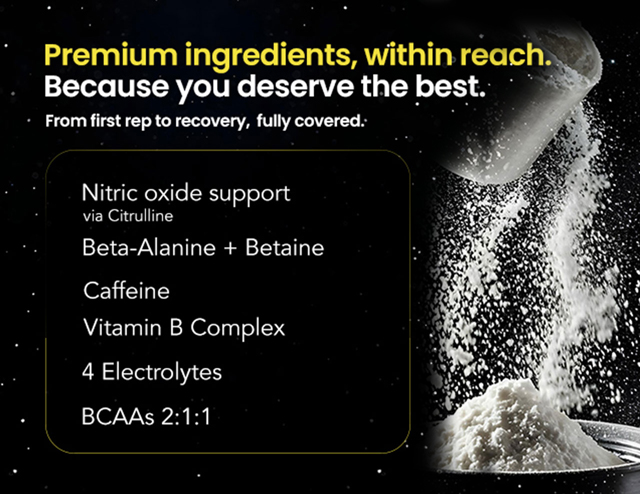 Premium supplement powder showing high-quality STORM ingredients including nitric oxide support, beta-alanine, caffeine, vitamin B complex, electrolytes, and BCAAs